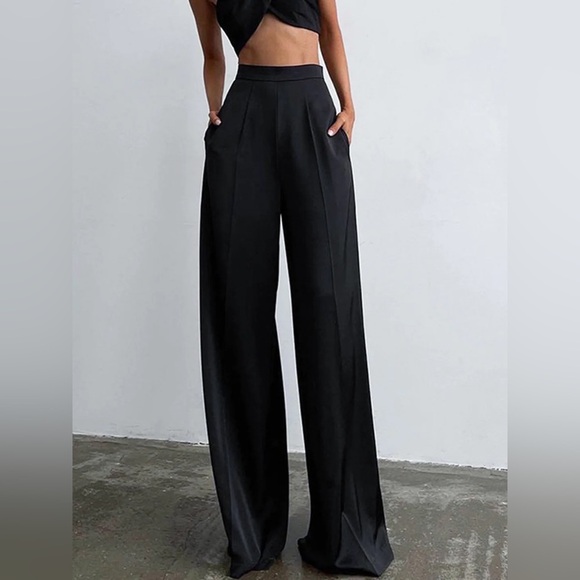 **sale**COMMENSE Oversized Satin Wide Leg Dress Pants Black XS - Picture 2 of 10